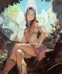  arata_yokoyama bare_shoulders blue_eyes blue_hair braid crossed_legs hand_on_hip highres holding key legs looking_at_viewer original short_hair sitting solo 