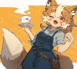  1girl ;d animal_ear_fluff animal_ear_piercing animal_ears apron belt blue_apron blush brown_hair coffee_grinder commission cowboy_shot cup fang fox_ears fox_girl fox_tail grey_shirt hands_up holding holding_saucer letterboxed looking_at_viewer medium_hair mole mole_under_eye multicolored_hair napm one_eye_closed open_mouth orange_background orange_eyes original outside_border ponytail saucer shirt simple_background skeb_commission skin_fang smile solo standing steam streaked_hair tail teacup two-tone_hair uniform white_hair 