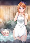  2girls absurdres blonde_hair blush closed_eyes closed_mouth collarbone gradient_hair hair_flaps highres kantai_collection long_hair multicolored_hair multiple_girls naked_towel night onsen orange_hair outdoors purple_eyes purple_hair rock ruin_re_birth smile towel towel_on_head water white_towel yuudachi_(kancolle) yuudachi_kai_ni_(kancolle) yuugure_(kancolle) 