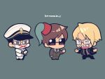  3boys black_jacket black_necktie black_pants blonde_hair chibi chibi_only fez_hat fingernails grey_background grey_eyes grey_jacket grey_necktie grey_pants gruppen_fuhrer hitoranran jacket katana kotorai marumaru_no_shuyaku_wa_wareware_da! multiple_boys necktie osuman pants red_hat sharp_fingernails sharp_teeth signature sunglasses sword teeth weapon white_hat white_jacket white_mask white_pants 