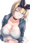  arm_under_breasts bandeau black_choker black_gloves black_hairband blonde_hair blue_eyes breasts choker cleavage cosplay fingerless_gloves gloves hairband highres kantai_collection large_breasts nelson_(kancolle) nelson_(kancolle)_(cosplay) one-hour_drawing_challenge race_queen rodney_(kancolle) short_hair simple_background tsukasa_(tukasa_br) white_background white_bandeau wrist_cuffs 