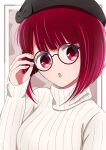  1girl :o absurdres arima_kana arm_up blush bob_cut border glasses hat highres inverted_bob medium_hair nm_(blue-rapid) open_mouth oshi_no_ko red_eyes red_hair short_hair simple_background sweater white_sweater 