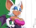 anthro armwear bare_shoulders bat breasts brown_body brown_skin cleavage clothed clothing elbow_gloves eyeshadow female fur gloves handwear makeup mammal mekaatomic membrane_(anatomy) membranous_wings narrowed_eyes nipple_outline open_mouth rouge_the_bat sega simple_background solo sonic_the_hedgehog_(series) white_body white_fur wings
