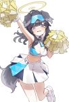  1girl animal_ears arm_up bare_shoulders black_hair blue_archive blush breasts cheerleader commentary_request crop_top dog_ears dog_girl dog_tail eyewear_on_head full_body halo hibiki_(blue_archive) hibiki_(cheer_squad)_(blue_archive) highres holding long_hair looking_at_viewer midriff millennium_cheerleader_outfit_(blue_archive) miniskirt navel official_alternate_costume open_mouth pleated_skirt pom_pom_(cheerleading) skirt solo standing standing_on_one_leg tail white_background white_footwear yasananasay 