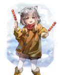  1girl absurdres animal_ear_fluff animal_ears blurry blurry_background boots brown_footwear brown_hair cat_ears child crossed_bangs fang food fur-trimmed_boots fur-trimmed_jacket fur_trim hair_between_eyes hair_intakes highres holding holding_food incoming_food jacket knee_boots light_blush looking_at_viewer mr.quin no_pants open_mouth orange_jacket original outside_border oversized_clothes pantyhose red_eyes sakanafish short_hair sidelocks skin_fang snow tanghulu white_pantyhose 