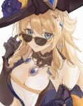  1girl adjusting_eyewear bare_shoulders blonde_hair blue_eyes blue_gemstone breasts cleavage closed_mouth commentary_request drill_hair drill_sidelocks gem genshin_impact highres hisui_(xztw) large_breasts long_hair looking_at_viewer navia_(genshin_impact) sidelocks smile solo 