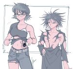  1boy 1girl belt black_eyes black_hair bra bun_(game728hale396) denim feitan_portor glasses hunter_x_hunter midriff pants shirt shizuku_murasaki short_hair simple_background spider_tattoo stomach_tattoo tattoo torn_clothes torn_pants torn_shirt underwear white_background white_bra 