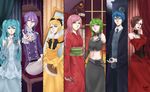  2boys 5girls absurdres aku_no_musume_(vocaloid) akujiki_musume_conchita_(vocaloid) akutoku_no_judgement_(vocaloid) aqua_eyes aqua_hair artist_name banica_conchita black_ribbon blonde_hair blood blood_stain blue_eyes blue_hair braid brown_hair clock clock_tower corset cravat creator_connection crop_top crossdraw_holster curtains detached_collar detached_sleeves dress enbizaka_no_shitateya_(vocaloid) evillious_nendaiki fan fire flower frilled_dress frills gallerian_marlon green_eyes green_hair gumi gun hair_ribbon hand_gesture handgun hatsune_miku highres japanese_clothes judge kagamine_rin kaito kamui_gakupo kimono long_hair looking_at_viewer maneodra margarita_blankenheim megurine_luka meiko midriff mirror money_gesture multiple_boys multiple_girls necktie nemesis_no_juukou_(vocaloid) nemesis_sudou nemurase_hime_kara_no_okurimono_(vocaloid) night night_sky outstretched_hand pink_hair ponytail purple_eyes purple_hair red_eyes revolver ribbon riliane_lucifen_d'autriche rose sash sateriasis_venomania scissors seven_deadly_sins short_hair side_braid signature sky smile songover sudou_kayo throne tower twin_blades_of_levianta twintails venomania_kou_no_kyouki_(vocaloid) very_long_hair vessel_of_sin vocaloid weapon window 