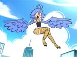  1girl :d ahoge armpits artist_name bare_shoulders bird_legs black_tank_top blue_feathers blue_sky blue_wings breasts brown_shorts building city cleavage cloud crop_top feathered_wings feathers flying full_body hair_between_eyes harpy highres knees_up lolwutburger looking_ahead midriff monster_girl monster_musume_no_iru_nichijou navel open_mouth papi_(monster_musume) short_hair short_shorts shorts signature sky skyline skyscraper small_breasts smile solo talons tank_top toon_(style) winged_arms wings yellow_eyes zettai_ryouiki 
