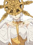  1girl breasts dark_souls_(series) dark_souls_i dark_sun_gwyndolin dress genderswap genderswap_(mtf) gold_headwear grey_hair hands_up helmet highres jewelry large_breasts long_sleeves parted_lips ring short_hair simple_background solo spiked_helmet teeth white_background zunkome 