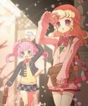  2girls :d adjusting_hair ahoge arm_up avocado_academy_school_uniform bag blue_jacket blue_skirt blurry blurry_background bow braid brown_bag cardigan cherry_blossoms collared_shirt cowboy_shot cropped_jacket day falling_petals green_eyes green_jacket hair_bow highres holding holding_bag idol_time_pripara jacket long_hair long_sleeves looking_at_viewer looking_up manaka_laala manaka_laala_(young) miniskirt multiple_girls necktie open_hand open_mouth outdoors paprika_private_academy_school_uniform petals pink_bow pink_cardigan pink_necktie plaid plaid_skirt pleated_skirt pretty_series pripara purple_eyes purple_hair red_skirt rice_cooker ruru_ashihara school_bag school_uniform shirt skirt smile standing takki_(pripara) thighhighs third-party_source twintails vest waving white_shirt white_thighhighs yellow_vest yumekawa_yui 