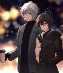  2boys ahoge alternate_costume backlighting blue_eyes blurry bokeh brown_coat brown_hair coat coffee coffee_cup commentary_request cowboy_shot cup depth_of_field disposable_cup expressionless gloves granblue_fantasy grey_jacket hands_in_pockets highres implied_yaoi jacket light_particles lucifer_(shingeki_no_bahamut) male_focus messy_hair multiple_boys open_clothes open_coat red_eyes sandalphon_(granblue_fantasy) short_hair side-by-side smile snowing sweater turtleneck turtleneck_sweater white_hair yori_(y_rsy) 