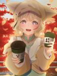  1girl absurdres black_hair blonde_hair blouse blurry blurry_background blush brown_hat brown_jacket coffee_cup commentary_request cup disposable_cup evening fox_girl fox_hat green_nails green_skirt hands_up hat heart heart-shaped_pupils highres holding holding_cup hololive incoming_food jacket kai_otk light_particles long_sleeves looking_at_viewer multicolored_hair nail_polish official_alternate_costume official_alternate_hair_length official_alternate_hairstyle omaru_polka omaru_polka_(street_casual) open_mouth outdoors pink_hair puffy_long_sleeves puffy_sleeves purple_eyes shirt short_hair sidelocks skirt smile solo streaked_hair symbol-shaped_pupils teeth upper_body upper_teeth_only virtual_youtuber white_shirt 
