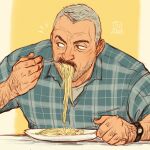  1boy aaron_gruber_(o_natsuo88) arm_hair bara beard_stubble eating facial_hair food food_in_mouth fork grey_hair hand_hair highres holding holding_fork looking_to_the_side male_focus mature_male mustache notice_lines o_natsuo88 old old_man original pasta receding_hairline scar scar_on_cheek scar_on_face shirt short_hair simple_background solo stubble thick_eyebrows thick_mustache upper_body watch wrinkled_skin wristwatch 