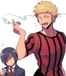  2boys between_fingers black_hair black_jacket blonde_hair cigarette collared_shirt fang glasses grimace highres holding holding_cigarette jacket koneshima kotorai male_focus marumaru_no_shuyaku_wa_wareware_da! multiple_boys necktie red_necktie red_shirt shirt short_hair smoking striped_clothes striped_shirt utsu-sensei white_background 