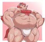  12beat13 anthro asian_clothing belly body_hair bulge chernobog_(tas) chest_hair clothing east_asian_clothing fundoshi fur hi_res horn japanese_clothing lifewonders male musclegut muscular navel nipples pecs pink_body pink_fur solo tokyo_afterschool_summoners underwear 