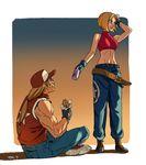  1girl baseball_cap blonde_hair blue_mary blush bob_cut breasts can crop_top denim drink eating fatal_fury food food_on_face hat jeans medium_breasts midriff muscle pants sandwich sitting sleeveless soda_can terry_bogard the_king_of_fighters tim_yan tsundere 