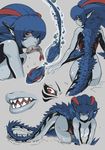  blue_hair breasts character_sheet facial_mark female fish monster_girl multicolored_hair original partially_submerged petite-emi pointy_ears red_eyes sharp_teeth tail water 
