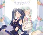  2girls baku_(creature) bare_shoulders black_dress blue_hair braid braided_bangs closed_eyes closed_mouth column creature dated detached_sleeves dress falala_a_larm finger_to_mouth flower frilled_sleeves frills garara_s_leep green_hair happy_birthday head_chain headphones holding holding_creature idol_clothes idol_time_pripara leaning_on_person long_hair looking_at_viewer multiple_girls pakku_(pripara) pillar pink_flower pink_rose pretty_series pripara res2shuu rose shushing siblings sisters sitting sleeping sleeping_on_person sleeping_upright smile twins twintails very_long_hair white_dress wide_sleeves yellow_eyes yellow_flower yellow_rose 