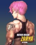  artist_name back character_name from_behind green_eyes highres muscle muscular_female neck overwatch phantom_ix_row pink_hair play_of_the_game short_hair solo tank_top tattoo undercut upper_body water_drop zarya_(overwatch) 