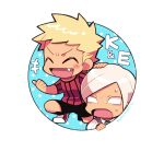  2boys ^_^ black_shorts blonde_hair blush_stickers chibi chibi_only closed_eyes emile_(marumaru_no_shuyaku_wa_wareware_da!) green_necktie hand_on_another&#039;s_head koneshima kotorai male_focus marumaru_no_shuyaku_wa_wareware_da! multiple_boys necktie no_nose open_mouth red_shirt round_image shirt shoes short_hair shorts sneakers striped_clothes striped_shirt sweat sweater_vest translation_request white_hair white_shirt 