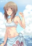  armpits bikini bikini_top blue_sky blush brown_eyes brown_hair cloud commentary_request day kantai_collection looking_at_viewer maruki_(punchiki) navel open_mouth sarong short_hair sky solo stomach swimsuit taihou_(kantai_collection) twitter_username water 