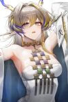  1girl absurdres arknights armpits bare_shoulders blonde_hair blue_hair breasts choker commentary grey_eyes grey_hair hair_intakes highres jewelry long_hair looking_at_viewer necklace off_shoulder onedr open_mouth shu_(arknights) small_breasts solo strapless tube_top upper_body very_long_hair white_background 