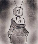 abstract_background big_breasts bottomwear bra breasts choker cleavage clothed clothing digital_drawing_(artwork) digital_media_(artwork) electronics eyelashes female for_a_head front_view fully_clothed greyscale half-length_portrait hi_res humanoid jewelry looking_at_viewer monochrome necklace neutral_expression not_furry object_head pants plug portrait screen screen_face screen_head signature simple_eyes solo standing sweater tabitha_(ultraneeks) television topwear tv_head ultraneeks underwear