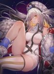  1girl absurdres asymmetrical_legwear blush breasts dress fate/grand_order fate_(series) hat highres jacket large_breasts long_hair long_sleeves looking_at_viewer marie_antoinette_(alter)_(fate) marie_antoinette_(alter)_(first_ascension)_(fate) marie_antoinette_(fate) sidelocks single_thighhigh solo thighhighs thighs two_side_up uneven_legwear ura_illust white_dress white_hair white_hat white_jacket yellow_eyes 