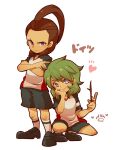  2boys ahoge alexander_hausen black_footwear blue_eyes blush crossed_arms full_body green_hair grey_eyes grey_shorts grimace heart holding holding_stick huge_ahoge inazuma_eleven_(series) kotorai looking_at_viewer male_focus multiple_boys shirt shorts smile socks squatting standing stick t-shirt theodor_ulrich translation_request white_shirt white_socks 