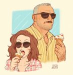  1boy 1girl aaron_gruber_(o_natsuo88) bara beard_stubble cropped_torso facial_hair food grey_hair holding holding_food holding_ice_cream ice_cream ice_cream_cone licking licking_lips madison_(o_natsuo88) mature_male medium_hair mustache o_natsuo88 old old_man open_mouth original receding_hairline red_hair scar scar_on_cheek scar_on_face shirt short_hair stubble sunglasses thick_eyebrows thick_mustache tongue tongue_out wavy_hair wrinkled_skin 