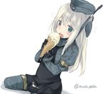  black_dress blonde_hair blue_eyes cropped_jacket dress eating flying_sweatdrops food garrison_cap hat highres holding ice_cream ice_cream_cone jpeg_artifacts juliet_sleeves kantai_collection licking long_hair long_sleeves maruki_(punchiki) military military_uniform puffy_sleeves simple_background solo suggestive_fluid twitter_username u-511_(kantai_collection) uniform white_background 