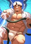  1boy abs akiha_gongen_(housamo) bandaid bandaid_on_face bandaid_on_nose bara bare_pectorals cowboy_shot dark-skinned_male dark_skin facial_hair flying fundoshi goatee grin haishiba_ame highres holding holding_hose horns hose japanese_clothes large_pectorals looking_at_viewer male_focus multicolored_hair muscular muscular_male one_eye_closed open_clothes open_shirt pectorals scar scar_on_cheek scar_on_face short_hair single_horn smile solo spraying spread_wings strongman_waist sunlight thick_eyebrows thick_thighs thighs tokyo_afterschool_summoners two-tone_hair white_hair 