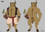  2_horns abs anthro balls body_hair bovid bovine broken_horn chest_hair clothed clothing european_mythology genitals greek_mythology hi_res hooves horn kupoklein male mammal minotaur mythology nipples nude pecs penis plant pubes rhuga_(kupoklein) 