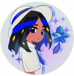  1girl aged_down black_hair blue_eyes blue_necktie commentary_request dark-skinned_female dark_skin eyelashes from_side geeta_(pokemon) glimmet hat highres long_hair nanaasuzy_pk necktie pokemon pokemon_(creature) pokemon_sv shirt short_sleeves upper_body white_hat white_shirt 