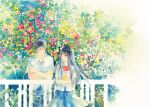  1boy 1girl black_hair blue_hair blunt_bangs book bow bowtie closed_eyes commentary crossed_arms flower holding holding_book kazehaya_shouta kimi_ni_todoke kuronuma_sawako long_hair looking_at_another outdoors painting_(medium) railing red_bow red_bowtie red_flower rei_(456789io) school_uniform shirt short_hair short_sleeves skirt smile traditional_media tree watercolor_(medium) white_shirt 