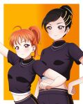  2girls absurdres ahoge black_hair black_pants black_shirt braid brown_eyes cosplay crop_top ear_piercing fujinomiya_chitose_(ryuu_ga_gotoku) fujinomiya_chitose_(ryuu_ga_gotoku)_(cosplay) hair_bun highres jewelry looking_at_viewer love_live! love_live!_sunshine!! midriff mole mole_above_mouth multiple_girls navel necklace orange_background orange_hair pants piercing red_eyes ryuu_ga_gotoku_(series) ryuu_ga_gotoku_8 shirt short_hair side_braid spanish_commentary takami_chika user_kryk2542 