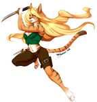  2016 anthro barefoot black_nose blonde_hair blue_eyes breasts brown_fur claws clothed clothing crop_top english_text feline female fur hair half-closed_eyes long_hair mammal melee_weapon multicolored_fur myloveless navel open_mouth orange_fur pants raised_leg shirt signature simple_background small_breasts solo sword teeth text tiger tight_clothing toe_claws tongue weapon white_background white_fur 