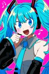  1girl blue_eyes blue_hair blush bollzzalguy collared_shirt detached_sleeves hatsune_miku headphones highres long_hair long_sleeves musical_note necktie open_mouth pink_background shirt sleeveless sleeveless_shirt smile solo tie_clip twintails upper_body very_long_hair vocaloid 