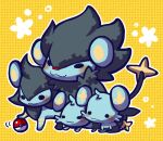  :3 animal_focus black_eyes blush closed_mouth evolutionary_line full_body kotorai luxio luxray no_humans no_nose outline poke_ball poke_ball_(basic) pokemon pokemon_(creature) shinx sitting solid_circle_eyes white_outline yellow_background 