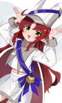  1girl character_request copyright_request dutch_angle earrings green_eyes hands_up highres jewelry long_hair long_sleeves looking_at_viewer midriff mole mole_under_eye pointy_ears red_hair shenqi_xiaohuang shirt solo very_long_hair white_shirt 