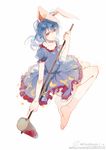  ambiguous_red_liquid animal_ears artist_name blue_dress blue_hair bunny_ears collarbone crescent dress ear_clip frilled_dress frills full_body holding kine long_hair looking_at_viewer no_shoes pudding_(8008208820) puffy_short_sleeves puffy_sleeves red_eyes seiran_(touhou) short_sleeves simple_background sketch smile socks solo star star_print touhou watermark web_address weibo_logo weibo_username white_background 