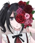  1girl ame-chan_(needy_girl_overdose) black_hair black_ribbon bouquet collared_shirt flower grey_eyes hair_ornament hair_over_one_eye hand_up highres holding holding_bouquet long_hair looking_at_viewer neck_ribbon needy_girl_overdose open_mouth pink_flower portrait red_flower red_rose red_shirt ribbon rose sanmanako shirt solo twintails x_hair_ornament 