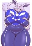 anthro big_breasts blush breasts clothed clothing eeveelution espeon female generation_2_pokemon hair hand_on_breast hi_res huge_breasts mammal nintendo pokemon pokemon_(species) simple_background solo tailzkim