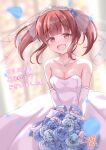  1girl bare_shoulders blue_flower blue_rose blurry blurry_background blush bouquet breasts bridal_veil brown_hair cleavage collarbone dress elbow_gloves falling_petals flower gloves hair_flower hair_ornament highres holding holding_bouquet idolmaster idolmaster_cinderella_girls looking_at_viewer ogata_chieri petals rose small_breasts smile solo strapless strapless_dress tiara twintails veil wedding_dress white_dress white_gloves yasutarou 