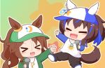  &gt;_&lt; 2girls :d animal_ears baseball_cap black_pants blue_footwear blue_hair blush_stickers brown_background brown_hair chibi closed_eyes crescent_print daitaku_helios_(umamusume) ears_through_headwear fang gomashio_(goma_feet) gradient_background green_background green_jacket grey_outline hair_between_eyes hair_ornament hairclip hat highres holding holding_microphone horse_ears horse_girl horse_tail jacket long_hair long_sleeves mejiro_palmer_(umamusume) microphone multicolored_hair multiple_girls open_clothes open_jacket pants parted_bangs ponytail print_headwear print_shirt raglan_sleeves shirt shoe_soles shoes side_ponytail smile star_(symbol) star_hair_ornament starry_background streaked_hair sun_print sun_symbol tail umamusume w white_hair white_hat white_shirt xd 