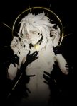  1boy absurdres albedo_(genshin_impact) closed_eyes disembodied_limb faulti_er genshin_impact hands_up highres looking_down male_focus medium_hair messy_hair nipples pectorals skinny solo sparkle star_(symbol) too_many_hands white_eyelashes white_hair 