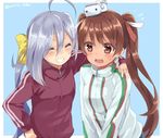  ^_^ adapted_costume ahoge arm_around_shoulder blue_background brown_hair closed_eyes commentary_request flying_sweatdrops grin hair_between_eyes hair_ribbon hand_on_hip jacket jpeg_artifacts kantai_collection kiyoshimo_(kantai_collection) libeccio_(kantai_collection) maruki_(punchiki) multiple_girls open_mouth ribbon silver_hair simple_background smile tan track_jacket twintails twitter_username wavy_mouth 