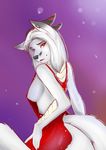  2016 anthro black_nose breasts canine clothed clothing dragon dress ear_piercing female fox fur hair hi_res hybrid long_hair looking_at_viewer looking_back mammal multi_tail nipple_bulge piercing purple_background rach_verity red_eyes scales scalie side_boob simple_background skyican smile solo white_fur white_hair white_scales 