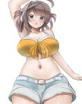  1girl ahoge belt bikini breasts brown_hair chougei_(kancolle) cleavage cowboy_shot denim denim_shorts front-tie_bikini_top front-tie_top grey_eyes hair_rings highres kantai_collection long_hair looking_at_viewer official_alternate_costume one-hour_drawing_challenge orange_bikini redundant-cat shorts simple_background solo swimsuit visor_cap white_background white_belt white_shorts wide_hips 